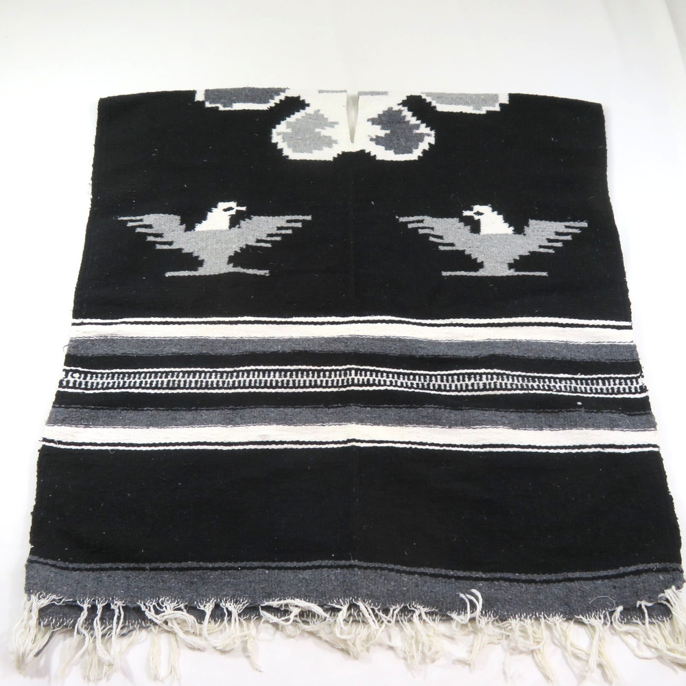 Mexican Rug Poncho Southwest Design Black White Gray Fringe 75"x 36"